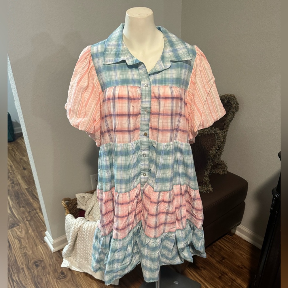entro Multicolor Pink and Light Blue Plaid Tiered Button-Up Dress